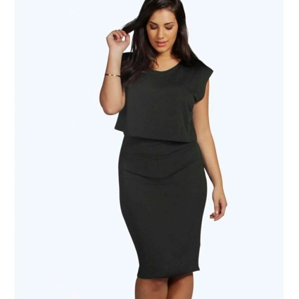 NWT Boohoo Plus Poppy Double Layer Midi Dress in Black SZ 20